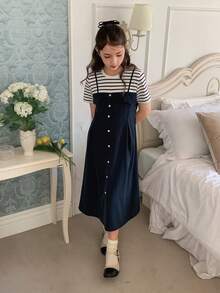 DAZY Tween Girl Striped Patchwork Round Neck Short Sleeve Button Design Casual 2 In 1 Dress - Blue - View 4