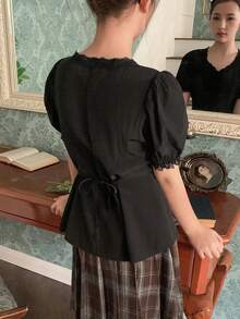 DAZY Tween Girl Solid Color V-Neck Lace Casual Versatile Daily Wear Petal Sleeve Blouse - Black - View 3
