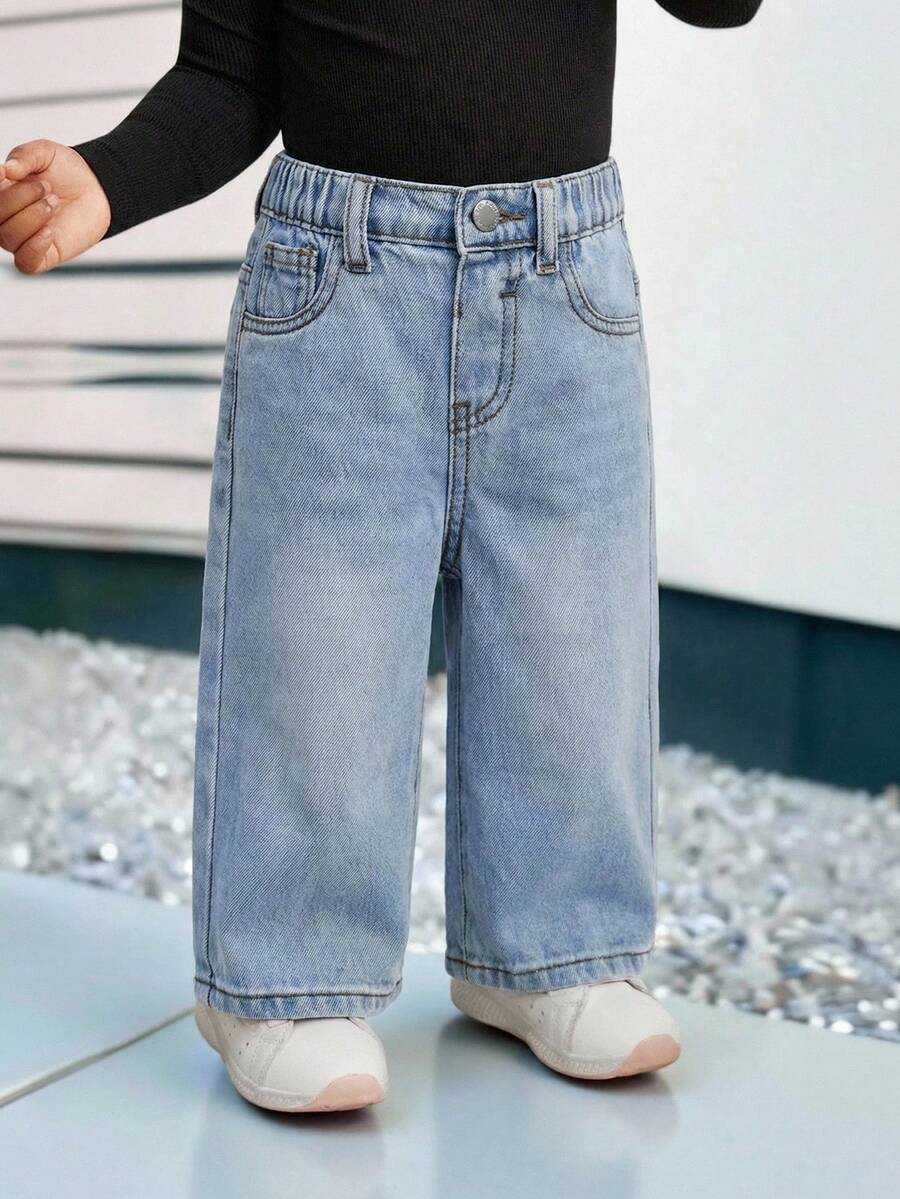 Quần ống rộng dáng suông màu xanh denim kiểu retro cho bé gái - Rửa nhẹ - Xem 1