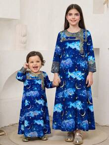 SHEIN Tween Girls' Casual Round Neck Long Sleeve Dress - Navy Blue - View 4