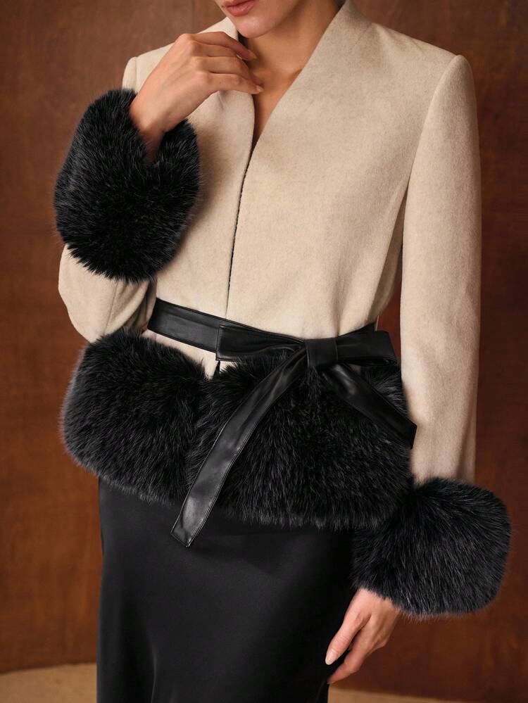 WOOL-LIKE FABRIC CONTRAST FUZZY PANEL OVERCOAT