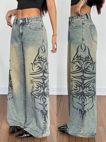 SHEIN PETITE Women's Graphic Print Slant Pocket Casual Versatile Wide Leg Jeans - Black - View 1