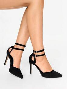 Glitzique 秋冬季女士高跟鞋，踝带镂空设计，优雅派对风，细高跟鞋 - 黑色 - 查看 3