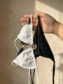 Swim Vcay 1 Set Women's Solid Color Halter Neck Triangle Bikini Swimwear, Black & White - Black and White - View 7