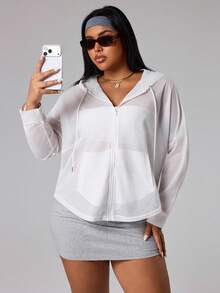 Rhythm Era Plus Size Women's Solid Color Drop Shoulder Long Sleeve Zipper Front Drawstring Hooded Sports Jacket - White - View 1
