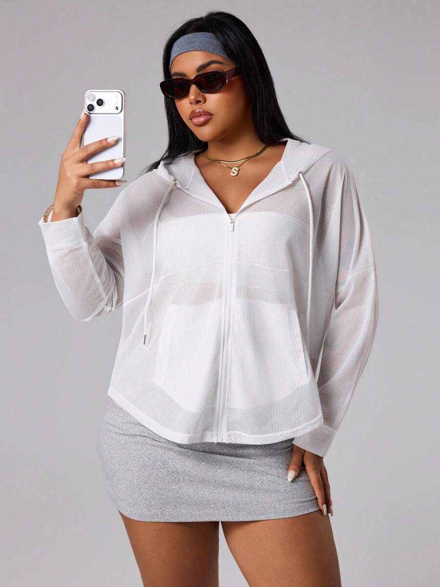 Rhythm Era Plus Size Women's Solid Color Drop Shoulder Long Sleeve Zipper Front Drawstring Hooded Sports Jacket - White - View 1