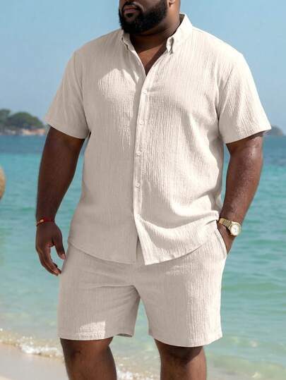 Conjunto de 2 piezas de talla grande para hombre, camisa de manga corta de unicolor con textura y pantalones cortos
