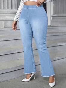 EMERY ROSE Women's Elastic Waist Frayed Hem Casual Versatile Daily Wear Flare Jeans - Light Wash - View 4