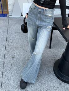 DAZY Quần jeans ống loe nữ kiểu Hàn Quốc, chất liệu có họa tiết, thích hợp cho những dịp thường ngày. - Màu xanh lam - Xem 1