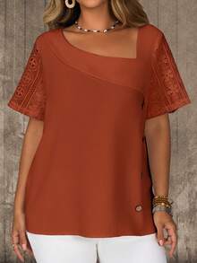 EMERY ROSE Plus Size Casual Solid Color Lace Patchwork Asymmetric Collar Blouse, Summer Outfits For Women - Rust Brown - View 5