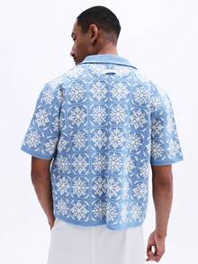 SUMWON Men's Light Blue Boxy Fit Short Sleeve Crochet Resort Shirt With Button Front Snowflake Pattern Summer Vacation Beach Holiday - Blue - View 2
