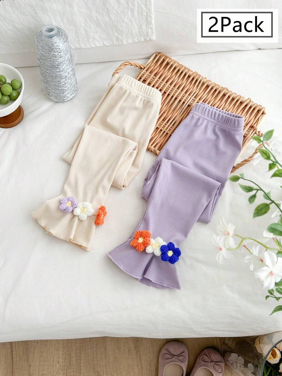 SHEIN Genkimix Kids 2件套 女童甜美可爱弹力罗纹3D立体花朵装饰喇叭裤,紫色和杏色组合,适合春季日常穿着 - 紫色 - 查看 1