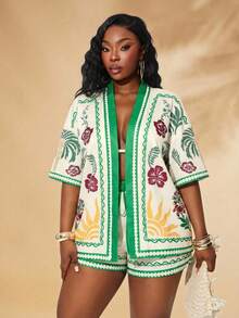 SHEIN SXY 大码女式棕榈树印花短袖和服衬衫及短裤两件套 - 彩色 - 查看 7