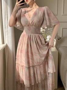 DAZY Women's Elegant Floral Shirred Ruffle Sleeve Midi Dress, Summer - Pink - View 4