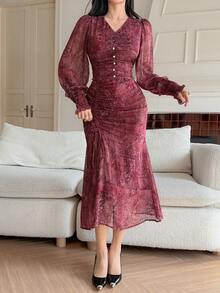 DAZY 女士优雅通勤全印花美人鱼中长连衣裙 - 玫紅色 - 查看 6