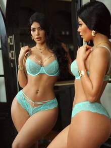 2pcs French Romantic Sheer Lace Underwire Bra And Metal Chain Lingerie Set For Women - Green - View 4