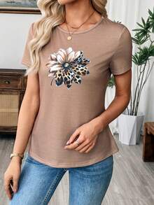 Silhoulove Women's Casual Vacation Rhinestone Leopard & Floral Print Short Sleeve T-Shirt, Suitable For Daily Commute - Khaki - View 4