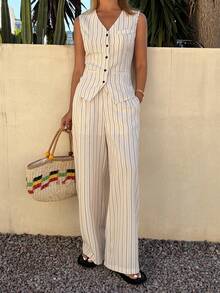 DAZY Women's Casual Striped V-Neck Faux Pocket Camisole And Wide Leg Pants 2-Piece Set, Spring/Summer Short Sets For Women - Beige - View 1
