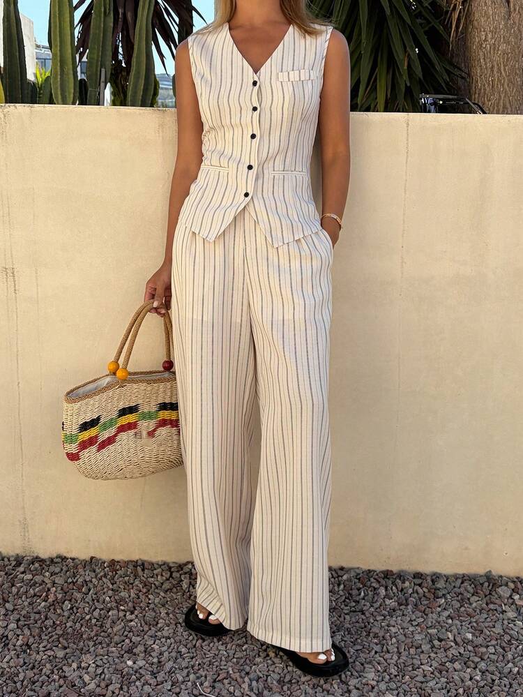 Women's Casual Striped V-Neck Faux Pocket Camisole And Wide Leg Pants 2-Piece Set, Spring/Summer