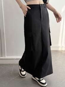 DAZY 女士纯色实用口袋休闲长裙 - 黑色 - 查看 4