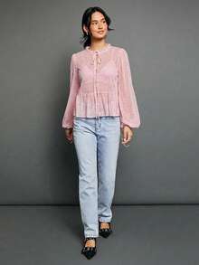 WESTFADE 透视圆点网纱高领蝴蝶结前襟荷叶边长袖上衣，可爱秋季女装，适合返校、秋季、冬季、外出、休闲波西米亚风衬衫 - 淺粉色 - 查看 3