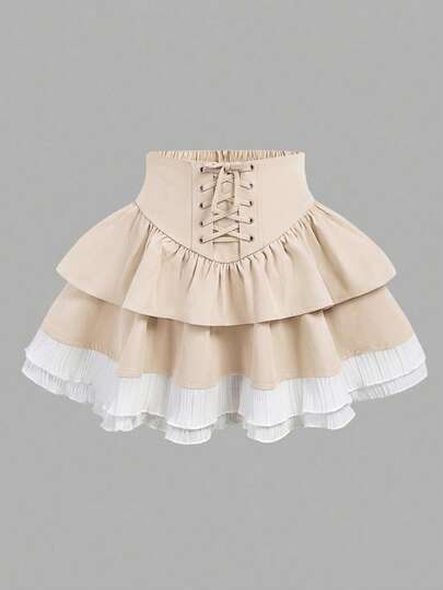 SHEIN Girlism Tween Girls Woven Solid Color Cross Straps Layered Cake Apricot Pressed Lace Trim Skirt, Back To School, Casual And Versatile, Ladylike, Sweet And Cool Girl