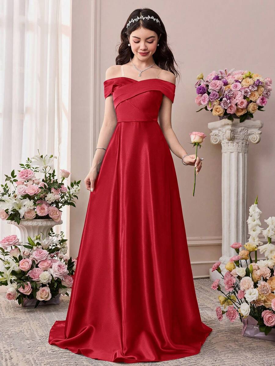 Pitira Burgunderrotes Satin elegantes langes Kleid, Off-Shoulder, rückenfreiem Bindebanddetail, geeignet für Hochzeit, Geburtstagsfest, Abschlussball, Brautjungfer, formelle Abendrobe, Abschlussfeier, Frühlingsfest - Bordeaux - Übersicht 1