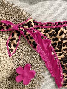 Soleia Bộ bikini đi biển dành cho nữ, kiểu dáng retro, nhiều màu sắc, họa tiết da báo, ngựa vằn, hoa lá, cổ yếm xếp nếp và tua rua trang trí. - Màu Hồng Tươi - Xem 6
