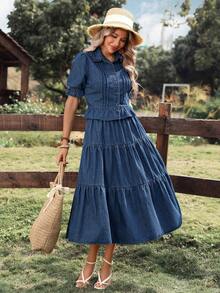 Breezaya Women's Casual Vacation Style Ruched Denim Maxi Skirt Spring Summer  Vacation - Dark Wash - View 9