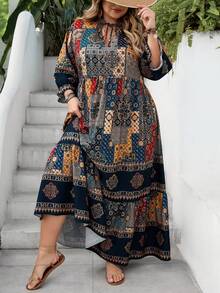 SHEIN CURVE+ Curve Size US22 Navy Blue Boho Traditional Floral Dress Autumn Vacation Al-Adha Bohemia Retro A-Line Women's Business Casual Music Festival Fall - Multicolor - View 9