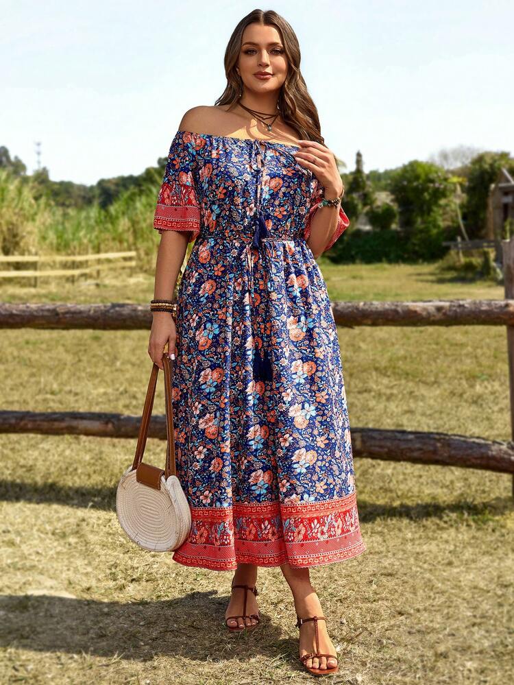 Plus Size Women's Summer Casual Vacation Country  Floral Print Off-Shoulder Long Dress, Spring/Summer,Summer Holiday,Spring Break Outfits ,Vacation Outfits Women ,Holiday Outfits For Women,Going Out Outfits,2026 New Clothes,Simple And Fashionable For Everyday Wear,Flowy Dress ,Suitable For Summer, Vacation, Daily Wear,Beach Outfits For Women ,Casual Vacation Boho Dress,Western Style