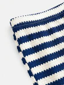 SHEIN 少女休闲不对称条纹露肩短款T恤和裤子两件套 - 寶藍色 - 查看 7