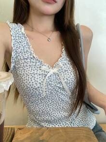 DAZY 女式韩版波点优雅无袖蝴蝶结上衣夏季 - 白色 - 查看 5