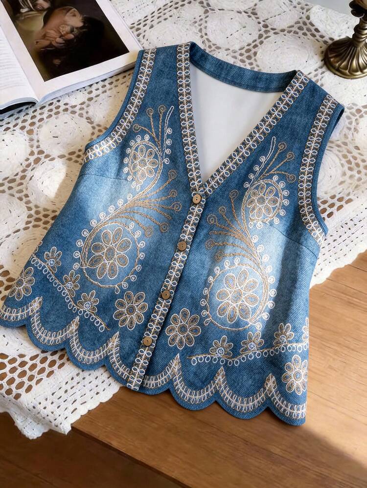 GlowEve CURVE Blusa sin mangas de estilo bohemio para mujer talla grande, nueva para el verano, con estampado de denim falso, cuello con botones de coco decorativos, dobladillo con onda especial. Adecuado para: diario, vacaciones, estilo artístico social, retro ligero, eventos temáticos - Multicolor - Ver 3