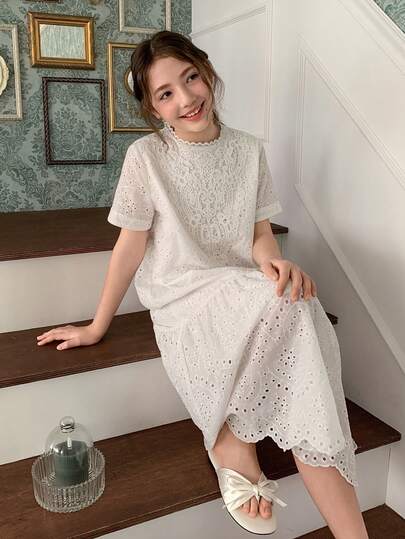 DAZY Tween Girls' Summer Casual Solid Color Hollow Out Embroidery Dress