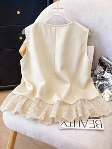 Franclia Women's Solid Color Spring/Summer Casual Embroidered Lace Patchwork Sleeveless Blouse - Apricot - View 2