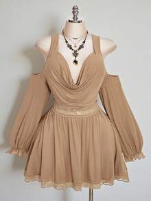 SHEIN ICON Đầm dệt kim gợi cảm kiểu Y2K cổ chữ V khoét sâu, hở vai, cỡ lớn. - màu nâu - Xem 4