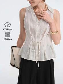 Aalyst Camiseta de mujer con diseño de pliegues en la cintura y tela a rayas, adecuada para vacaciones, ir al trabajo, y uso en primavera y verano - Beis - Ver 1