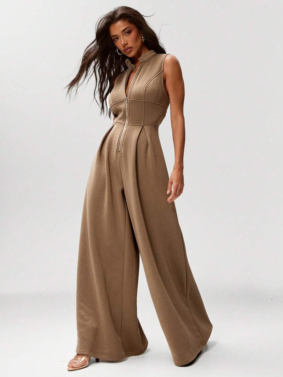Denimoi Zip Front Wide Leg Fleece Jumpsuit Casual Outfits Cozy Outfits Casual Jumpsuit Airport Outfits - Mocha Brown - View 1