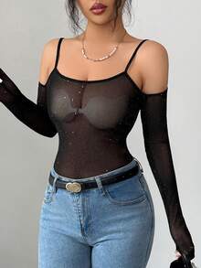 DAZY Women's Fashionable Sexy Shiny Sheer Off-Shoulder Camisole - Black - View 6