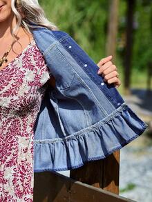 EMERY ROSE Women's 3/4 Sleeve Flare Cuff Single-Breasted Ruffle Hem Denim Jacket - Medium Wash - View 7
