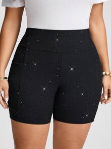 Comfylo Plus Size High Waist Basic Casual Sports Black Short Cycling Leggings - Black - View 4