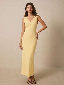 Poéselle Sleeveless Solid Color Slim Fit Dress, Summer - Yellow - View 4