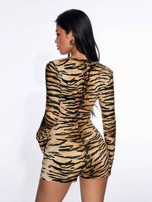 SHEIN ICON Women's All-Over Print V-Neck Fashionable Long Sleeve Bodysuit Animal Print Tiger Print Romper - Multicolor - View 2