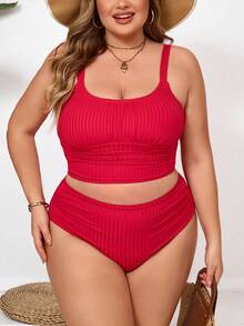 SHEIN CURVE+ 大码女式夏季度假沙滩纯色褶皱吊带背心套装 - 紅色 - 查看 3