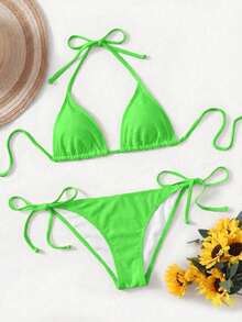 SHEIN Swim Women's Solid Color Halter Tie Sexy Bikini Swimwear Set, Summer Beach - Olive Green - View 3