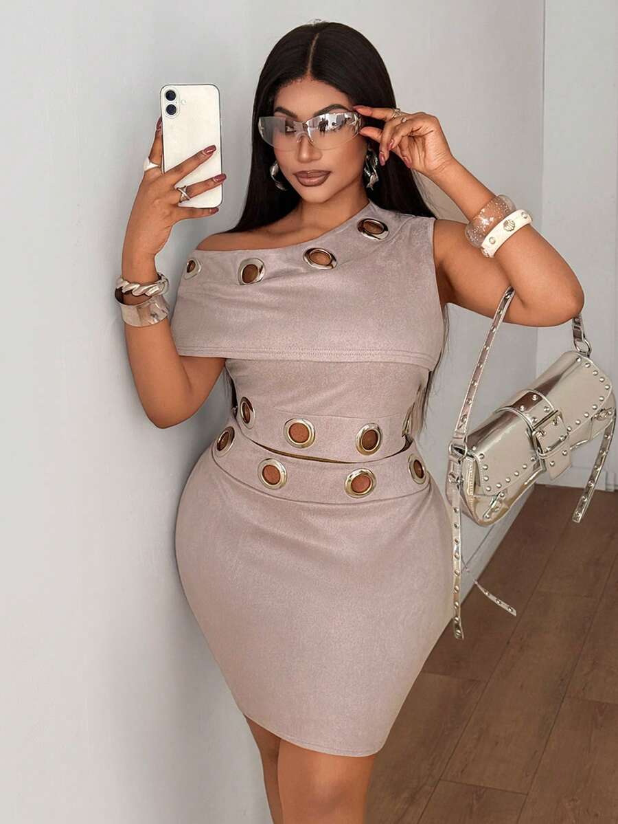 Maweii 大码纯色不对称肩部性感两件套 - 淺灰紫 - 查看 1