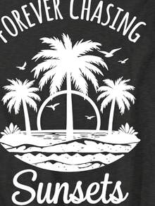 Genlund Plus Size Men's Casual Vacation Palm Tree & Letter Print Tank Top - Dark Grey - View 4