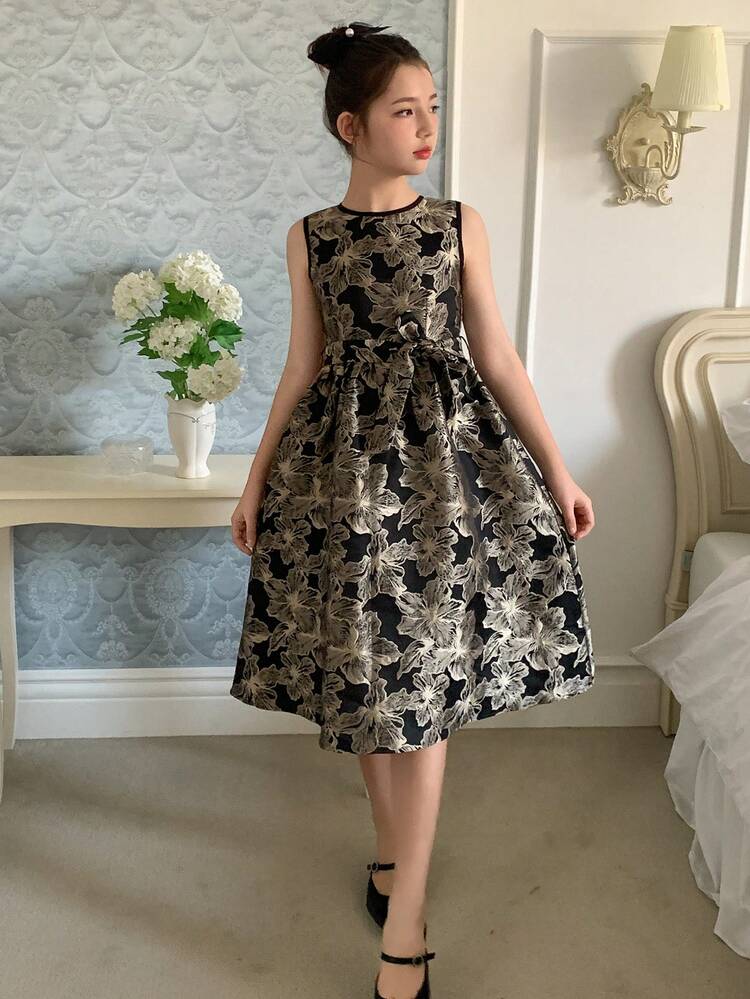 Tween Girl Round Neck Jacquard Pleated Party Dress