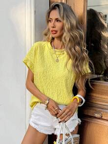 SHEIN LUNE 女士圆领提花休闲百搭日常短袖T恤 - 黃色 - 查看 6